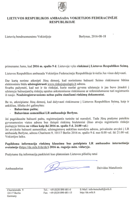 LR ambasadoriaus Vokietijoje D. Matulionio laiškas